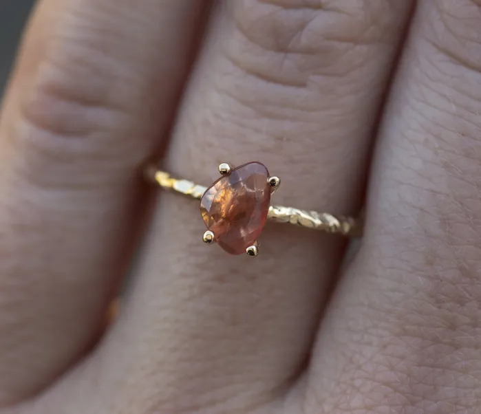 Anueva Jewelry Peach Rosecut Sapphire and Dainty Carved Yellow Gold Solitaire Engagement Ring Low Profile Rosecut Ring Skinny Band Asymmetrical hand carved by Anueva Jewelry Rings