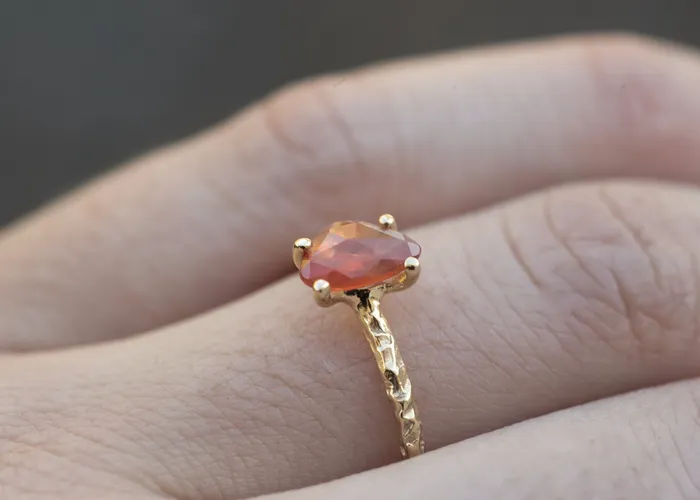 Anueva Jewelry Peach Rosecut Sapphire and Dainty Carved Yellow Gold Solitaire Engagement Ring Low Profile Rosecut Ring Skinny Band Asymmetrical hand carved by Anueva Jewelry Rings