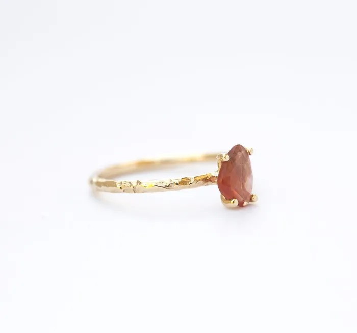 Anueva Jewelry Peach Rosecut Sapphire and Dainty Carved Yellow Gold Solitaire Engagement Ring Low Profile Rosecut Ring Skinny Band Asymmetrical hand carved by Anueva Jewelry Rings