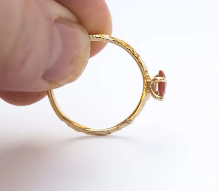Anueva Jewelry Peach Rosecut Sapphire and Dainty Carved Yellow Gold Solitaire Engagement Ring Low Profile Rosecut Ring Skinny Band Asymmetrical hand carved by Anueva Jewelry Rings