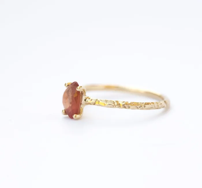 Anueva Jewelry Peach Rosecut Sapphire and Dainty Carved Yellow Gold Solitaire Engagement Ring Low Profile Rosecut Ring Skinny Band Asymmetrical hand carved by Anueva Jewelry Rings