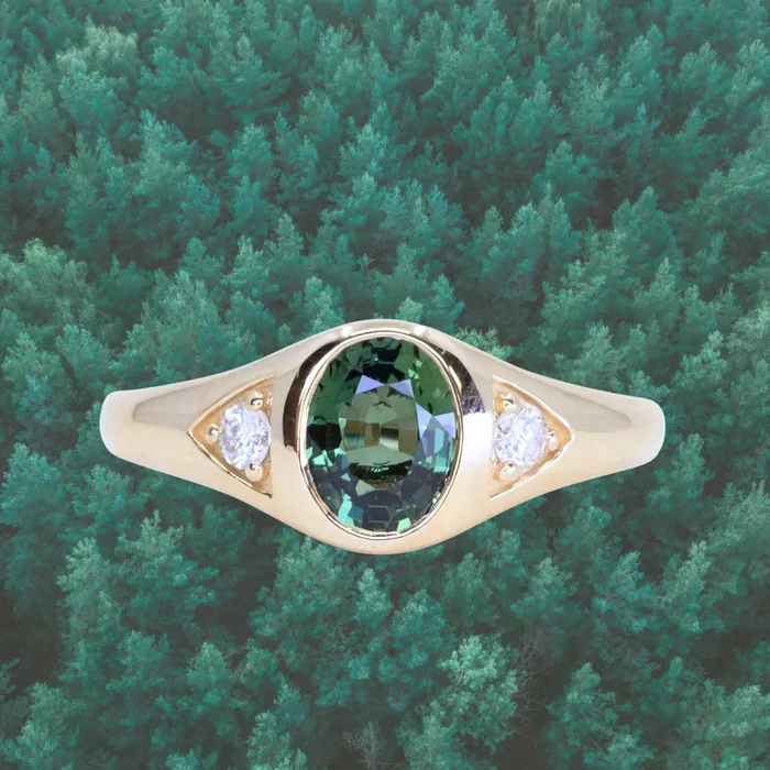 Anueva Jewelry Rings 126ct Oval Green Untreated Montana Sapphire Signet Style Ring with Diamonds in 14k Yellow Gold Anueva Jewelry Rings 126ct Oval Green Untreated Montana Sapphire Signet Style Ring with Diamonds in 14k Yellow Gold