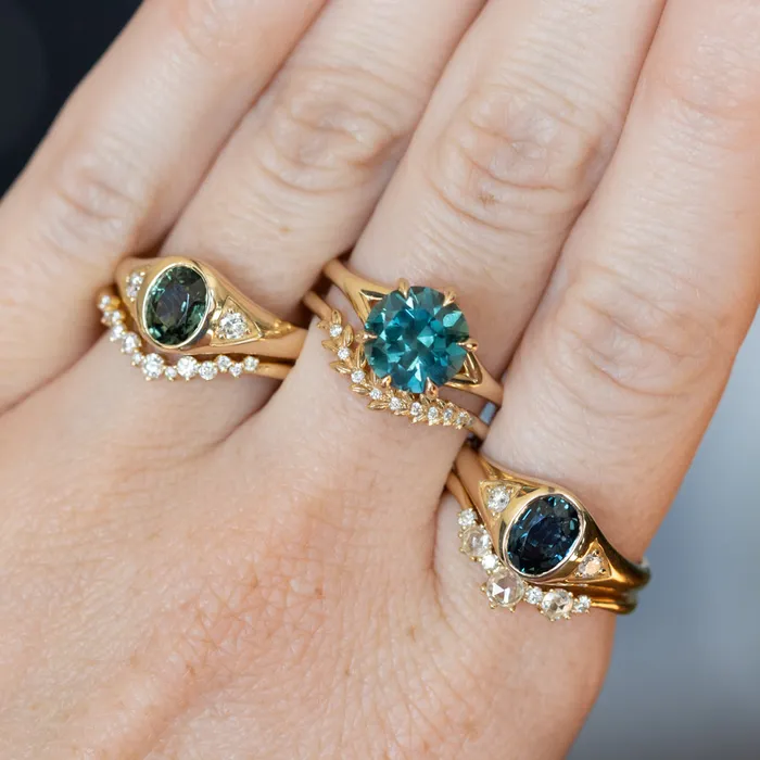 Anueva Jewelry Rings 126ct Oval Green Untreated Montana Sapphire Signet Style Ring with Diamonds in 14k Yellow Gold