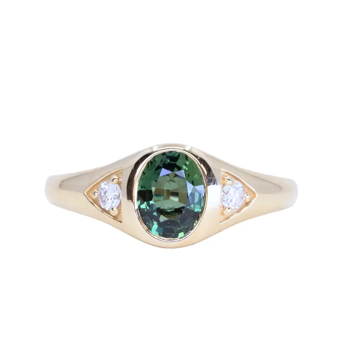 Anueva Jewelry Rings 126ct Oval Green Untreated Montana Sapphire Signet Style Ring with Diamonds in 14k Yellow Gold