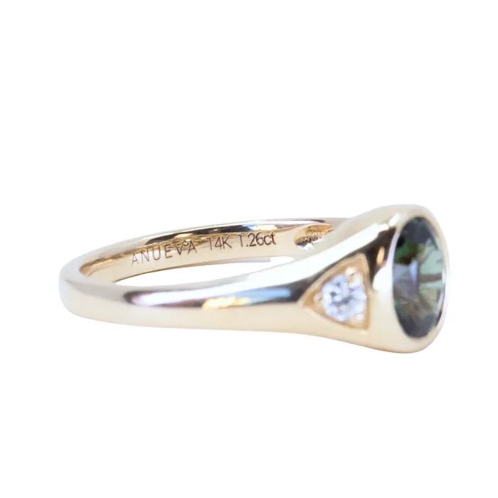 Anueva Jewelry Rings 126ct Oval Green Untreated Montana Sapphire Signet Style Ring with Diamonds in 14k Yellow Gold