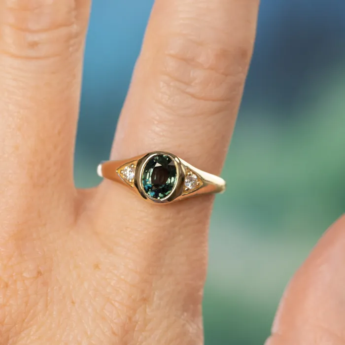 Anueva Jewelry Rings 126ct Oval Green Untreated Montana Sapphire Signet Style Ring with Diamonds in 14k Yellow Gold