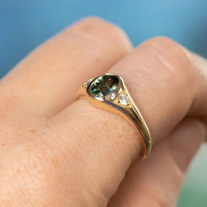Anueva Jewelry Rings 126ct Oval Green Untreated Montana Sapphire Signet Style Ring with Diamonds in 14k Yellow Gold