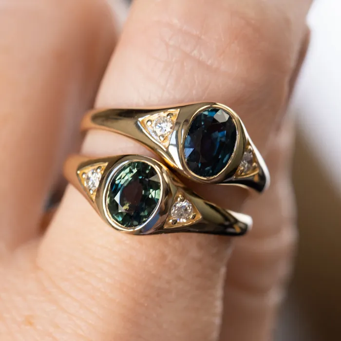 Anueva Jewelry Rings 126ct Oval Green Untreated Montana Sapphire Signet Style Ring with Diamonds in 14k Yellow Gold