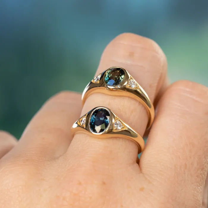 Anueva Jewelry Rings 126ct Oval Green Untreated Montana Sapphire Signet Style Ring with Diamonds in 14k Yellow Gold