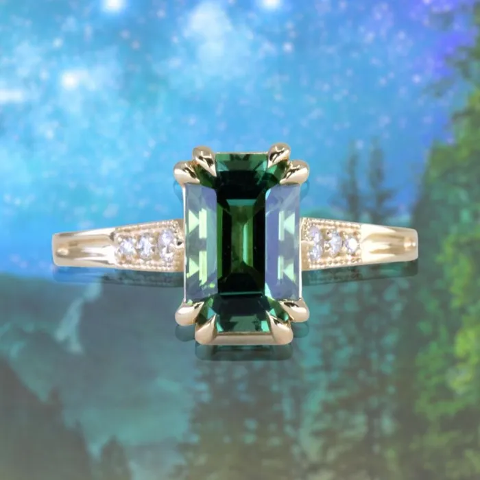 Anueva Jewelry Rings 20ct Emerald Cut Green Tourmaline and Diamond Vintage Cathedral Double Prong Ring in 14k Yellow Gold Anueva Jewelry Rings 20ct Emerald Cut Green Tourmaline and Diamond Vintage Cathedral Double Prong Ring in 14k Yellow Gold