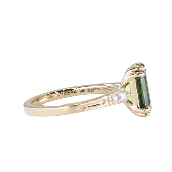 Anueva Jewelry Rings 20ct Emerald Cut Green Tourmaline and Diamond Vintage Cathedral Double Prong Ring in 14k Yellow Gold