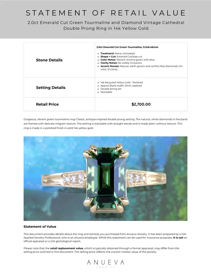 Anueva Jewelry Rings 20ct Emerald Cut Green Tourmaline and Diamond Vintage Cathedral Double Prong Ring in 14k Yellow Gold