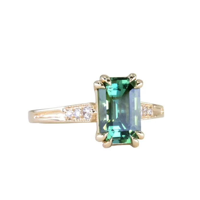 Anueva Jewelry Rings 20ct Emerald Cut Green Tourmaline and Diamond Vintage Cathedral Double Prong Ring in 14k Yellow Gold