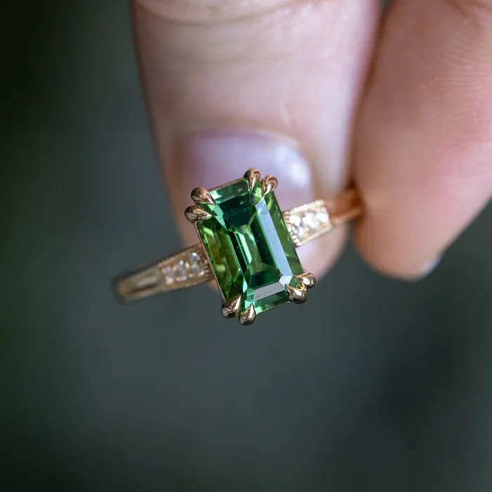 Anueva Jewelry Rings 20ct Emerald Cut Green Tourmaline and Diamond Vintage Cathedral Double Prong Ring in 14k Yellow Gold