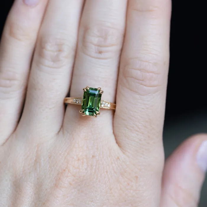 Anueva Jewelry Rings 20ct Emerald Cut Green Tourmaline and Diamond Vintage Cathedral Double Prong Ring in 14k Yellow Gold