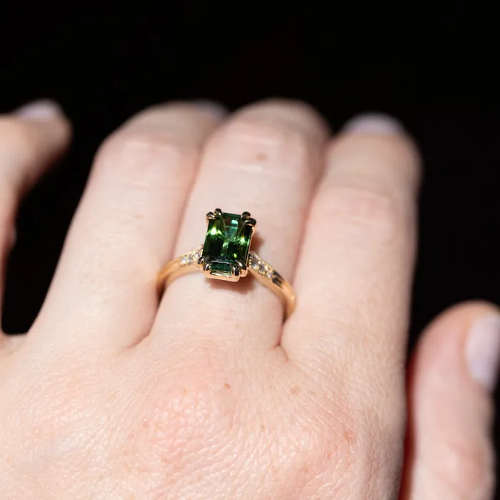 Anueva Jewelry Rings 20ct Emerald Cut Green Tourmaline and Diamond Vintage Cathedral Double Prong Ring in 14k Yellow Gold