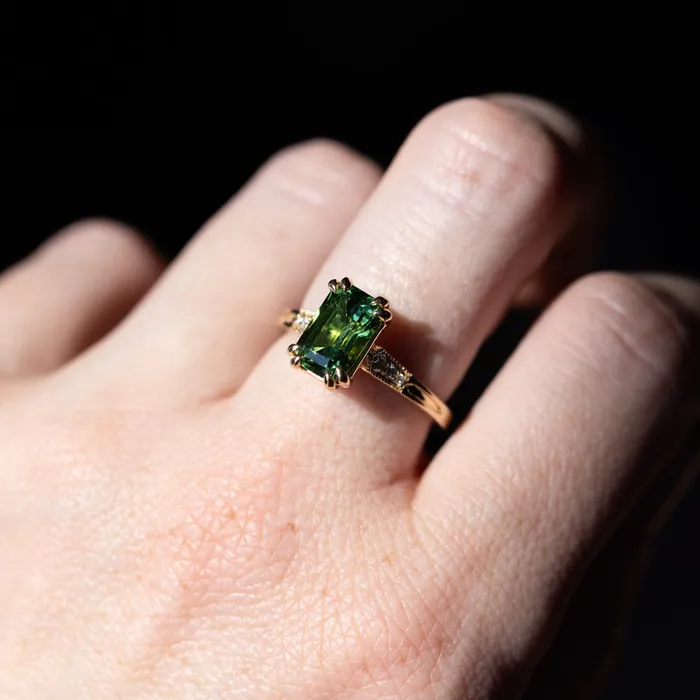 Anueva Jewelry Rings 20ct Emerald Cut Green Tourmaline and Diamond Vintage Cathedral Double Prong Ring in 14k Yellow Gold