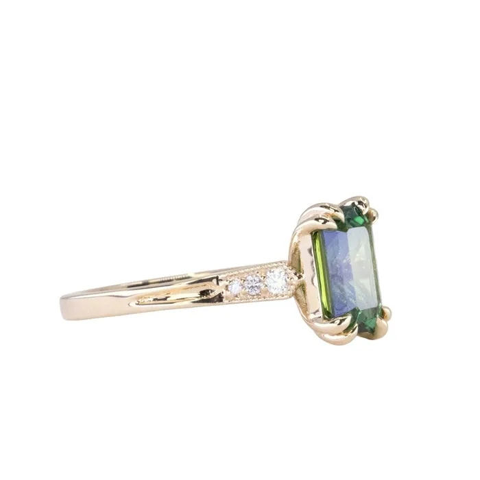 Anueva Jewelry Rings 20ct Emerald Cut Green Tourmaline and Diamond Vintage Cathedral Double Prong Ring in 14k Yellow Gold