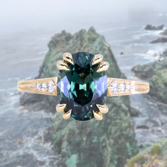 Anueva Jewelry Rings 319ct Untreated Oval Madagascar Sapphire and Diamond Vintage Cathedral Double Prong Ring in 18k Yellow Gold Anueva Jewelry Rings 319ct Untreated Oval Madagascar Sapphire and Diamond Vintage Cathedral Double Prong Ring in 18k Yellow Gold