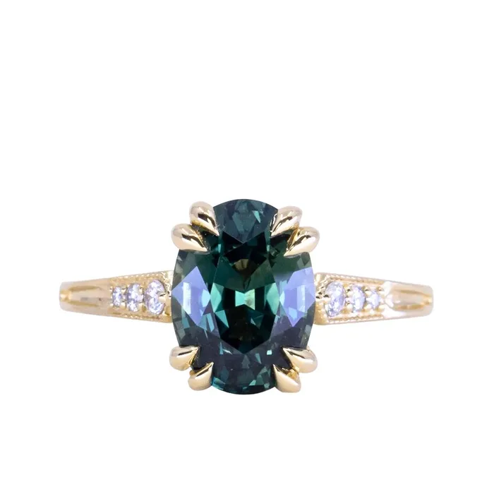 Anueva Jewelry Rings 319ct Untreated Oval Madagascar Sapphire and Diamond Vintage Cathedral Double Prong Ring in 18k Yellow Gold