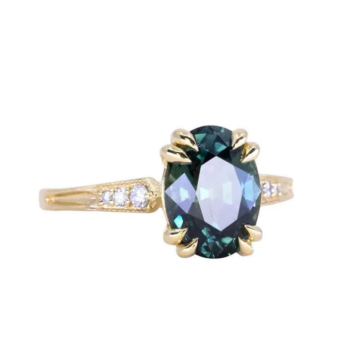 Anueva Jewelry Rings 319ct Untreated Oval Madagascar Sapphire and Diamond Vintage Cathedral Double Prong Ring in 18k Yellow Gold
