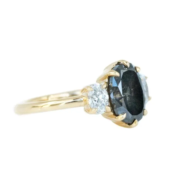 Anueva Jewelry Rings Antique Inspired Three Stone Oval Black Diamond Ring in Yellow Gold