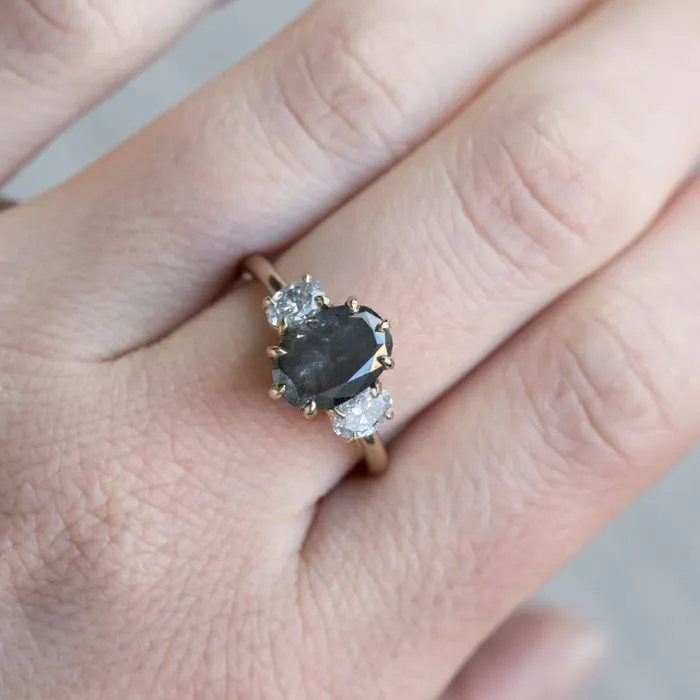 Anueva Jewelry Rings Antique Inspired Three Stone Oval Black Diamond Ring in Yellow Gold