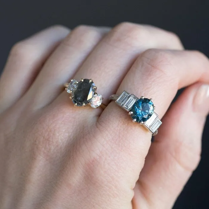 Anueva Jewelry Rings Antique Inspired Three Stone Oval Black Diamond Ring in Yellow Gold