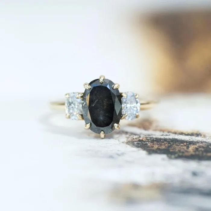 Anueva Jewelry Rings Antique Inspired Three Stone Oval Black Diamond Ring in Yellow Gold