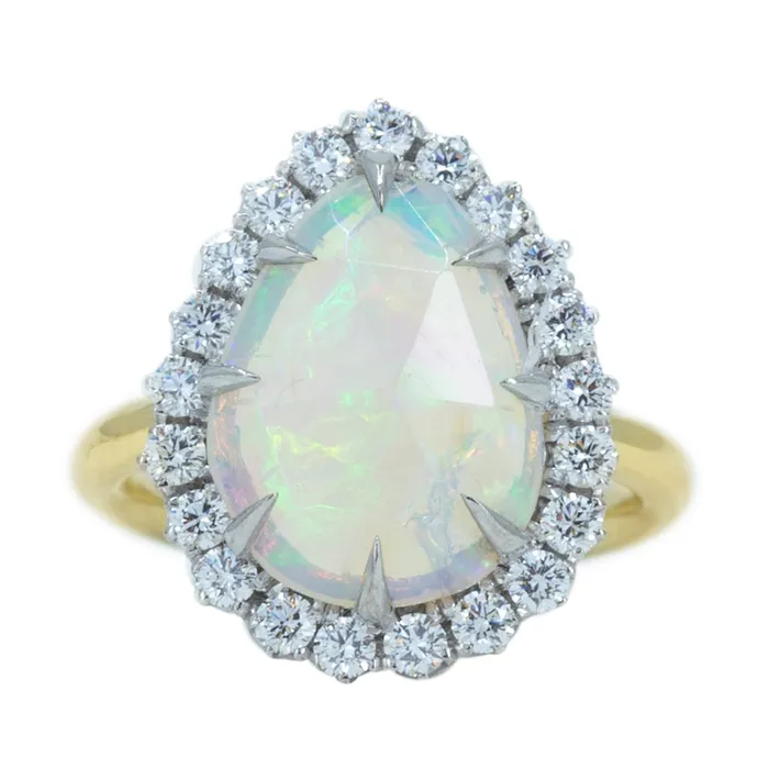 Anueva Jewelry Rings Pear Opal And Diamond Halo Ring In 14k Yellow And White Gold Anueva Jewelry Rings Pear Opal And Diamond Halo Ring In 14k Yellow And White Gold
