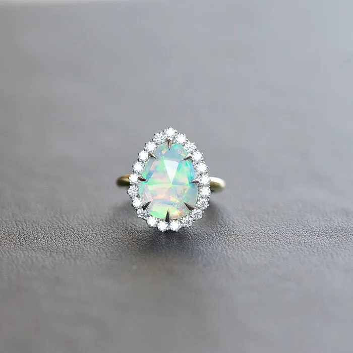 Anueva Jewelry Rings Pear Opal And Diamond Halo Ring In 14k Yellow And White Gold