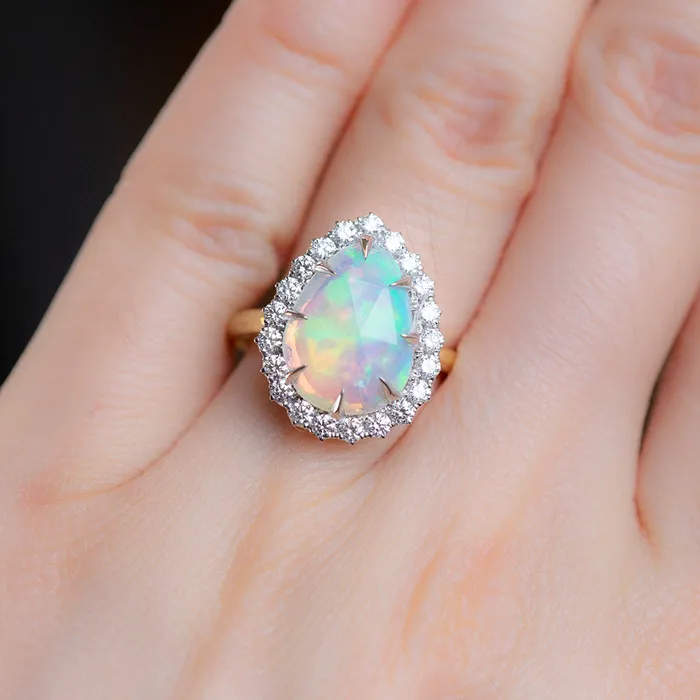 Anueva Jewelry Rings Pear Opal And Diamond Halo Ring In 14k Yellow And White Gold