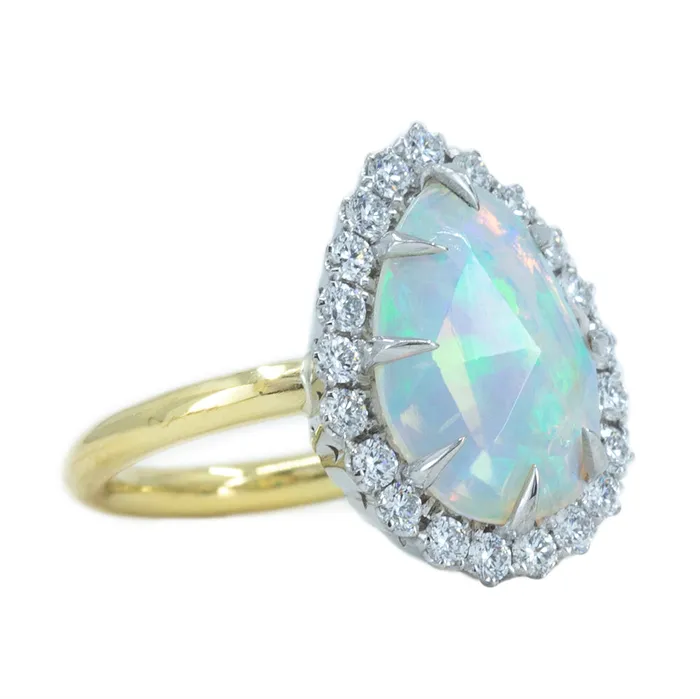 Anueva Jewelry Rings Pear Opal And Diamond Halo Ring In 14k Yellow And White Gold