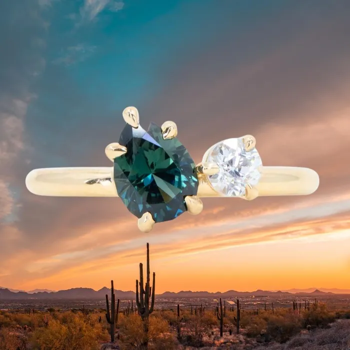 CALEB QUASHEN Rings 102ct Teal Pear Sapphire and Antique Diamond Toi Et Moi Ring in 18k Yellow Gold CALEB QUASHEN Rings 102ct Teal Pear Sapphire and Antique Diamond Toi Et Moi Ring in 18k Yellow Gold