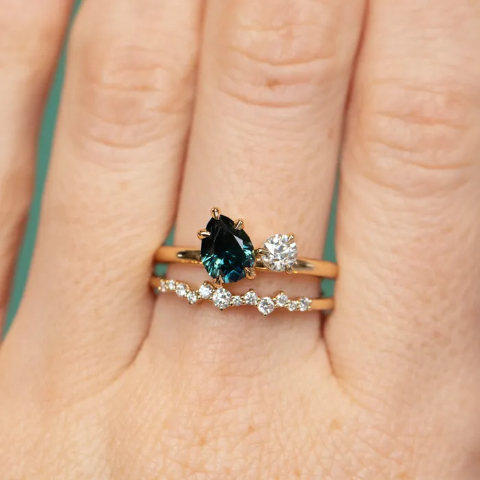 CALEB QUASHEN Rings 102ct Teal Pear Sapphire and Antique Diamond Toi Et Moi Ring in 18k Yellow Gold
