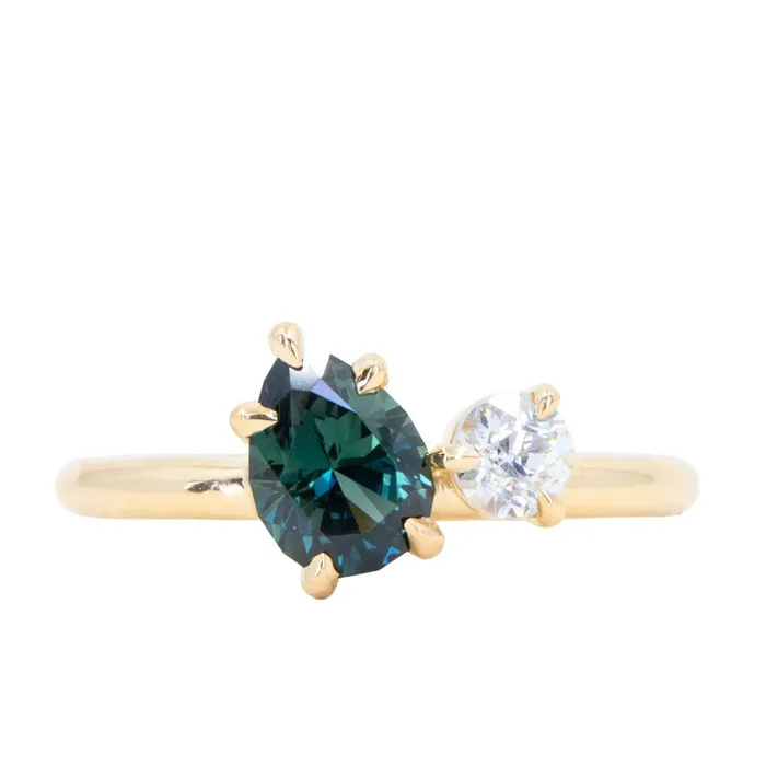 CALEB QUASHEN Rings 102ct Teal Pear Sapphire and Antique Diamond Toi Et Moi Ring in 18k Yellow Gold
