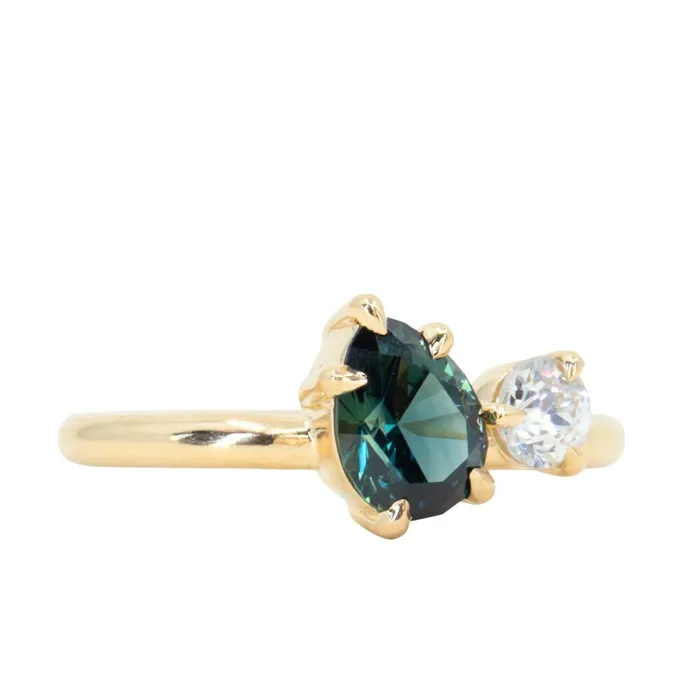 CALEB QUASHEN Rings 102ct Teal Pear Sapphire and Antique Diamond Toi Et Moi Ring in 18k Yellow Gold