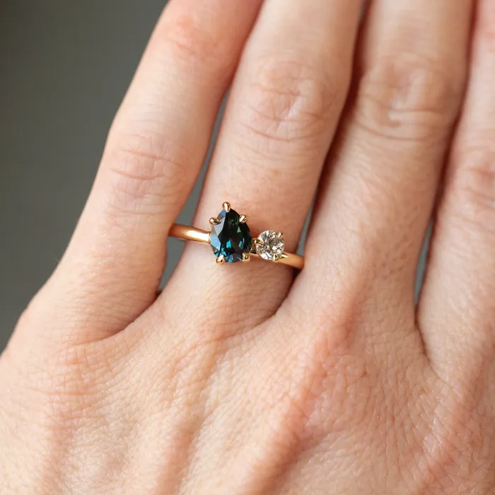 CALEB QUASHEN Rings 102ct Teal Pear Sapphire and Antique Diamond Toi Et Moi Ring in 18k Yellow Gold