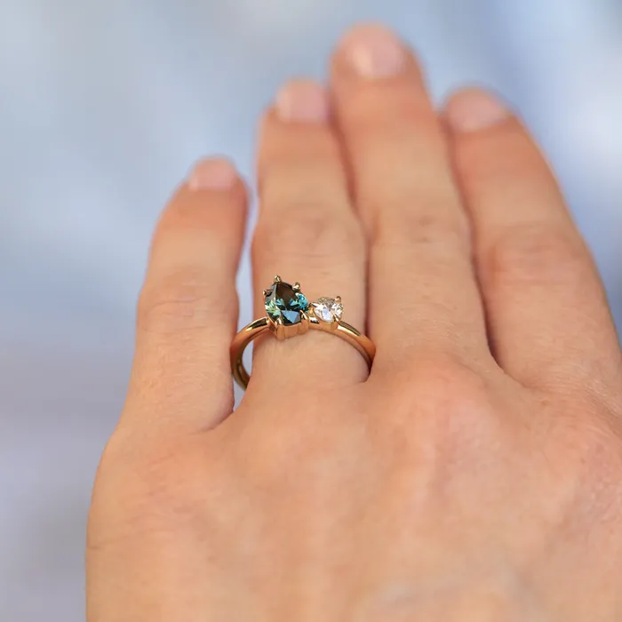 CALEB QUASHEN Rings 102ct Teal Pear Sapphire and Antique Diamond Toi Et Moi Ring in 18k Yellow Gold