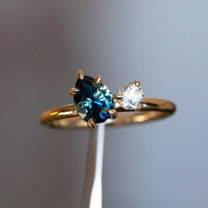 CALEB QUASHEN Rings 102ct Teal Pear Sapphire and Antique Diamond Toi Et Moi Ring in 18k Yellow Gold