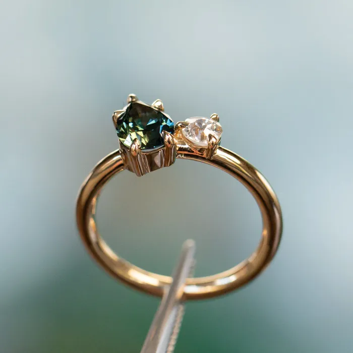 CALEB QUASHEN Rings 102ct Teal Pear Sapphire and Antique Diamond Toi Et Moi Ring in 18k Yellow Gold