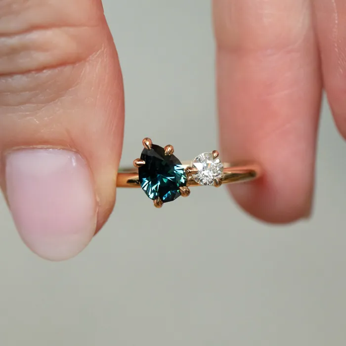 CALEB QUASHEN Rings 102ct Teal Pear Sapphire and Antique Diamond Toi Et Moi Ring in 18k Yellow Gold