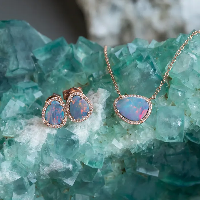 Diamani Opal and Diamond Halo Earrings and Necklace 14k Rose Set Set D Earrings Diamani Opal and Diamond Halo Earrings and Necklace 14k Rose Set Set D Earrings