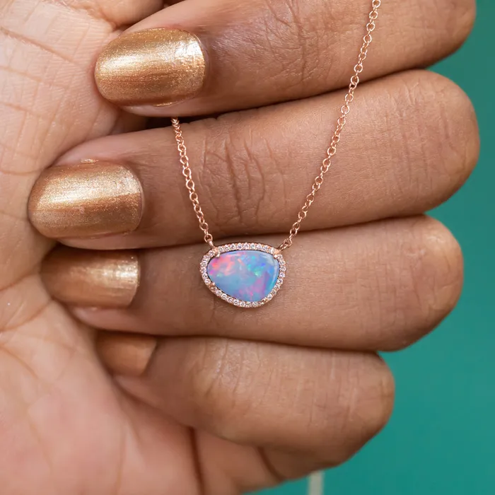 Diamani Opal and Diamond Halo Earrings and Necklace 14k Rose Set Set D Earrings