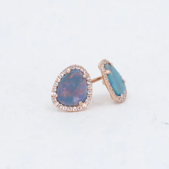 Diamani Opal and Diamond Halo Earrings and Necklace 14k Rose Set Set D Earrings