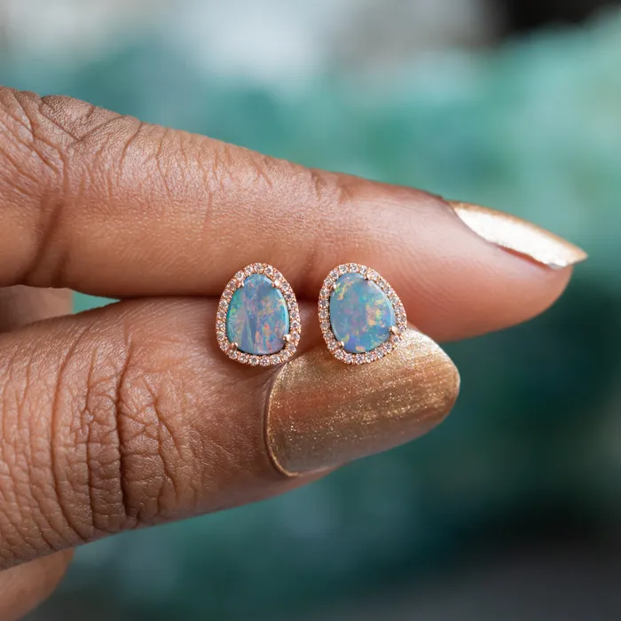 Diamani Opal and Diamond Halo Earrings and Necklace 14k Rose Set Set D Earrings