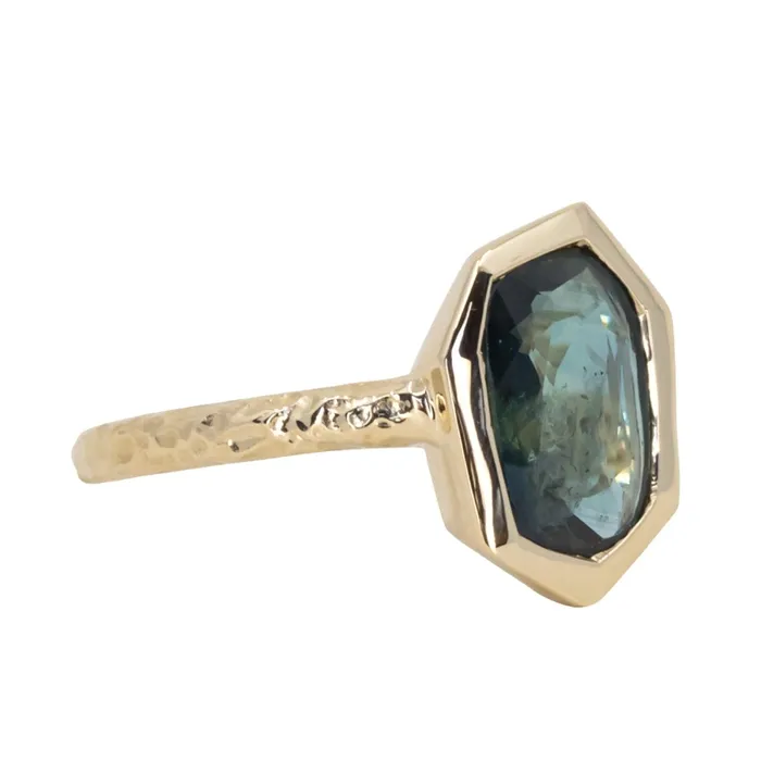 Discovery Gems 193ct Green Teal Geo Slice Sapphire Evergreen Low Profile Bezel Solitaire Ring in 14k Yellow Gold Rings