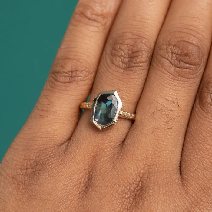 Discovery Gems 193ct Green Teal Geo Slice Sapphire Evergreen Low Profile Bezel Solitaire Ring in 14k Yellow Gold Rings