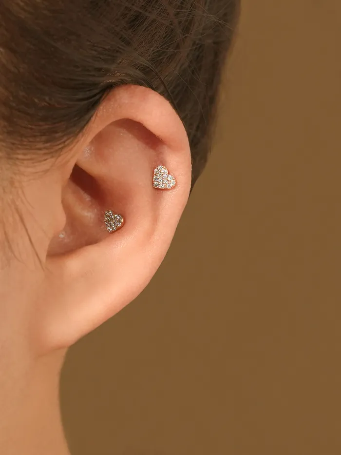 Earrings 14K Gold Winter Cubic Heart Cartilage Earring 20G18G16G MinimalBijoux