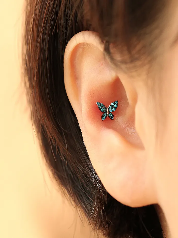 Earrings MinimalBijoux 14K gold Bling Blue Butterfly cartilage earring 20g